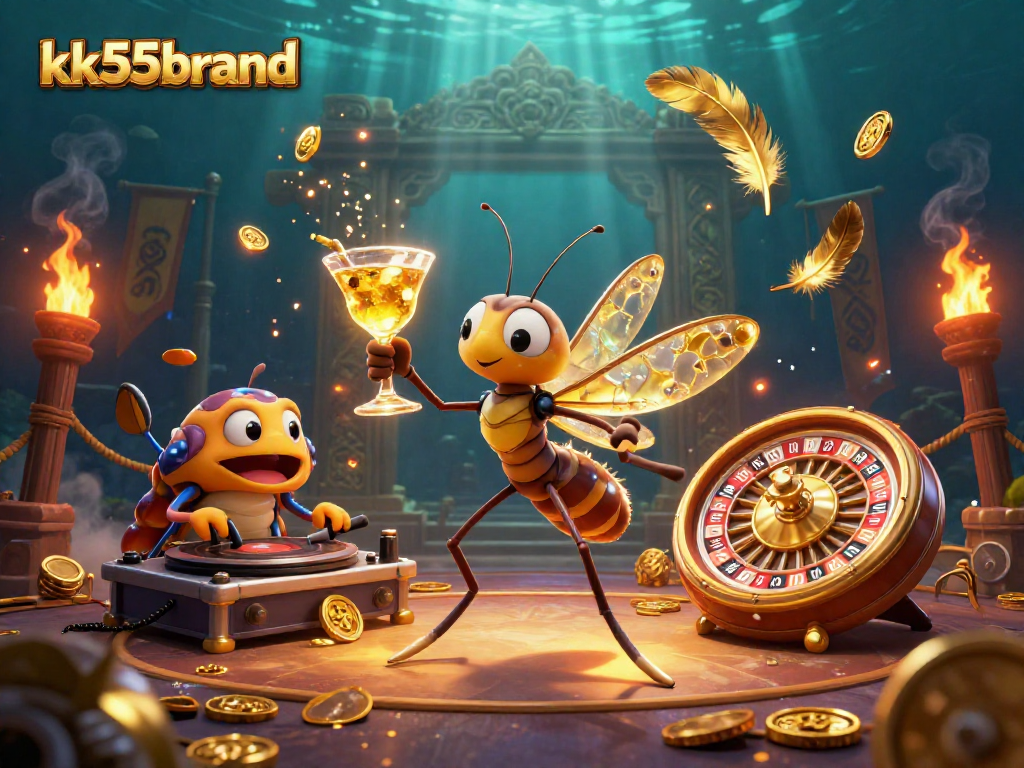 Engage with vibrant slots featuring the kk55brand mascot in an energetic casino scene.