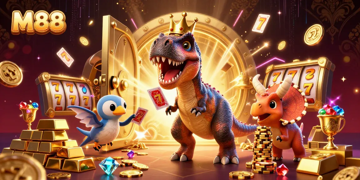 M88 showcases exciting casino action with a T-Rex and friends playing cards and stacking chips.