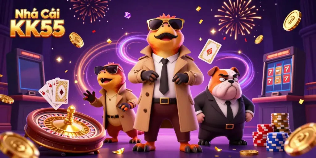 Engage with Nhà Cái KK55's exciting casino experience through 3D cartoon raptors attempting VIP entry amidst golden coins and sparkling gems.