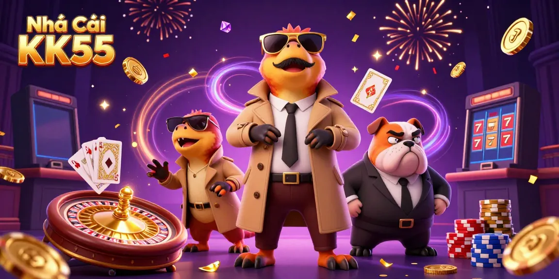 Engage with Nhà Cái KK55's exciting casino experience through 3D cartoon raptors attempting VIP entry amidst golden coins and sparkling gems.