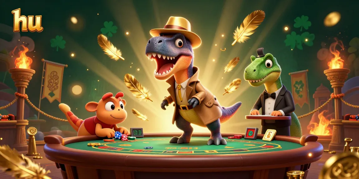 Betting on hu at a thrilling blackjack table with a sneaky group of cartoon dinosaurs.