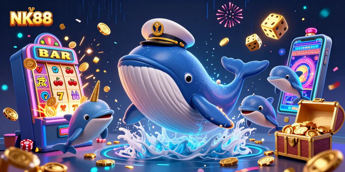 Join exciting games at NK88 with playful dolphins, golden treasures, and vibrant casino elements!