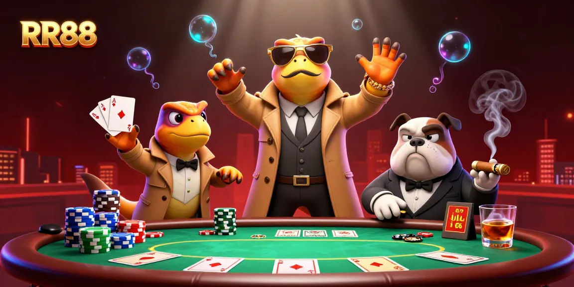 Experience the excitement of RR88 with a playful scene of raptors in a trench coat attempting to enter a VIP casino lounge.