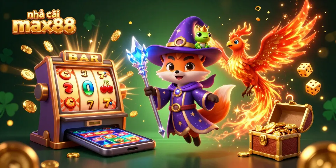 Engage with nhà cái max88 through an enchanting illustration featuring a wizard fox, phoenix, and vibrant casino elements.