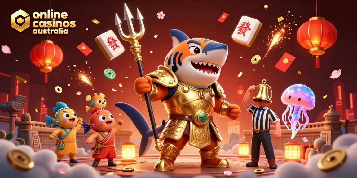 Explore thrilling gameplay in online casinos Australia with a 3D tiger shark in a dynamic gambling scene.