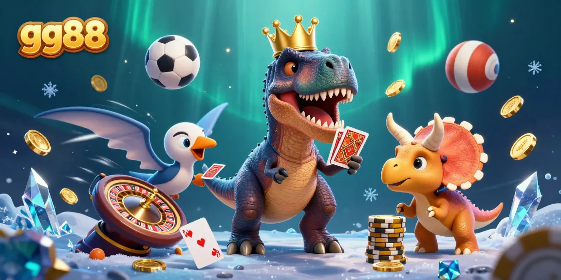 Join gg88 for an exciting casino experience as animated dinosaurs shuffle cards and stack chips.