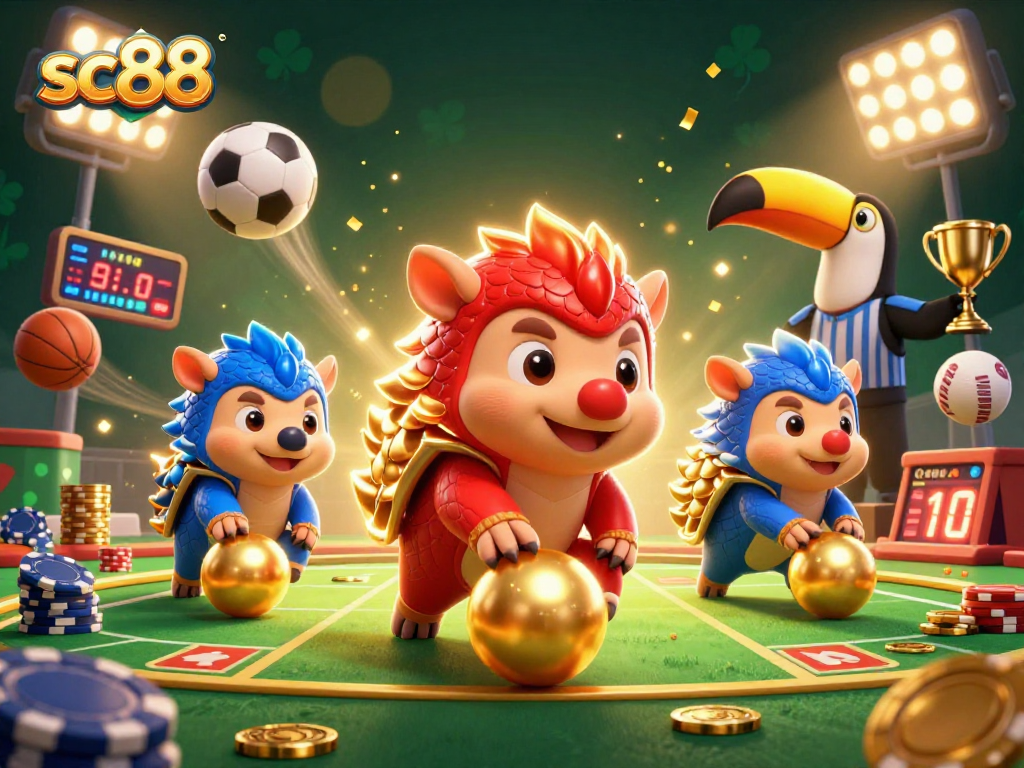 sc88 showcases a vibrant scene of rival pangolins battling it out with poker chips and sports elements.