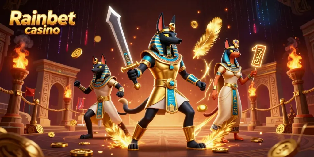 Spela på Rainbet casino med Anubis och Bastet i en spektakulär 3D-illustration.