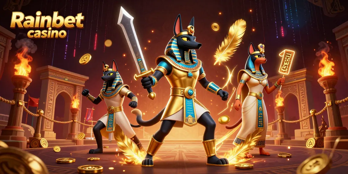 Spela på Rainbet casino med Anubis och Bastet i en spektakulär 3D-illustration.