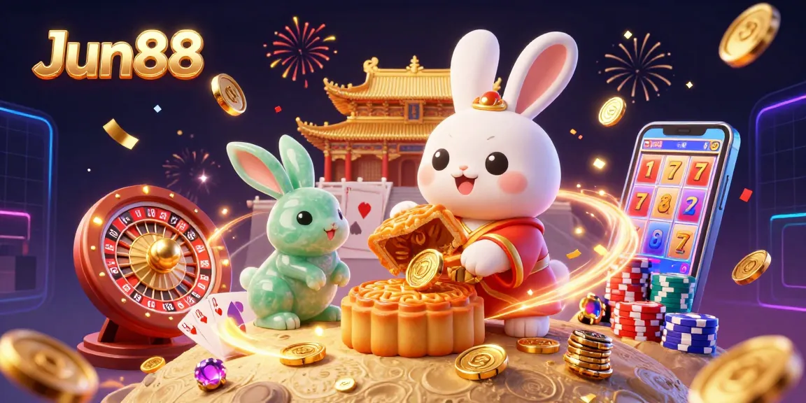 Experience Jun88's vibrant moon rabbit illustration featuring poker chips, festive confetti, and classic casino elements.