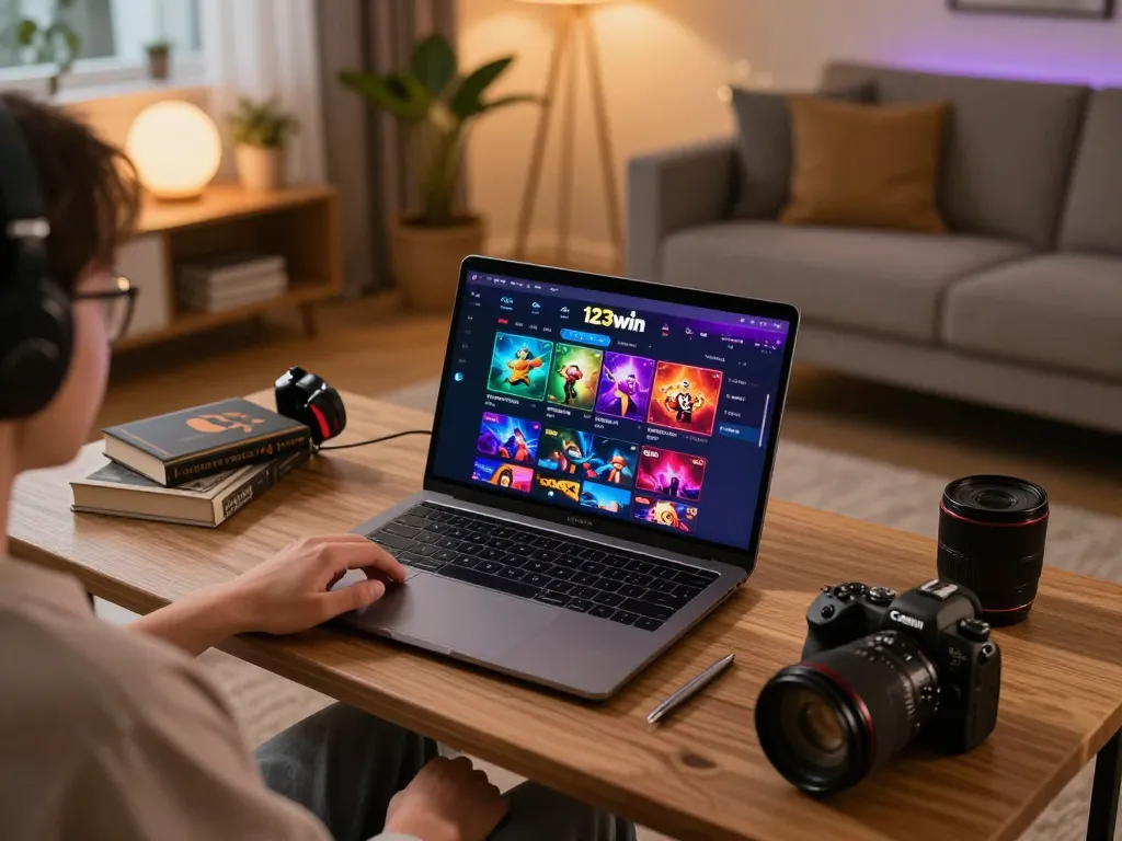 An online gamer engages with the 123win.click interface, showcasing a cozy home setup for responsible gaming.