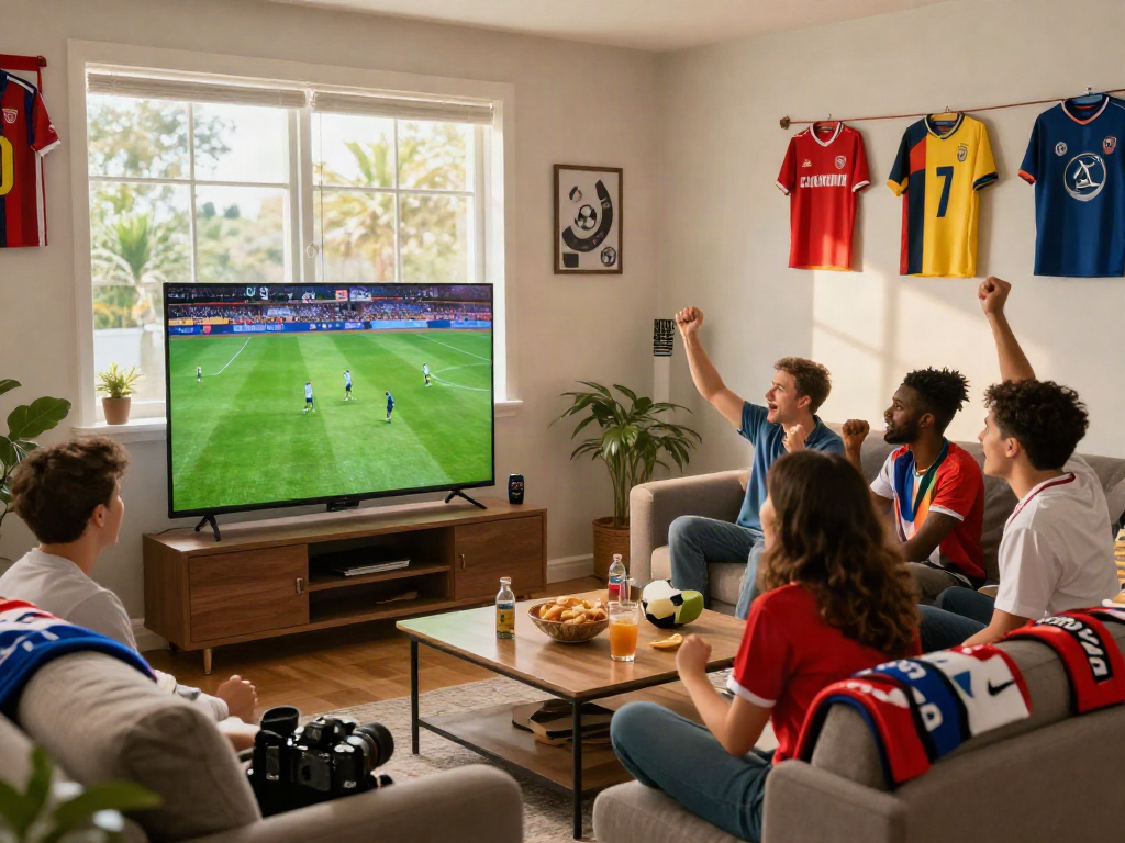 Friends watching football on a large screen at home, enjoying the match on gavangtv.life.