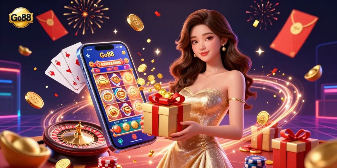 Win at Go88 with a festive casino scene featuring golden coins, games, and vibrant animations.