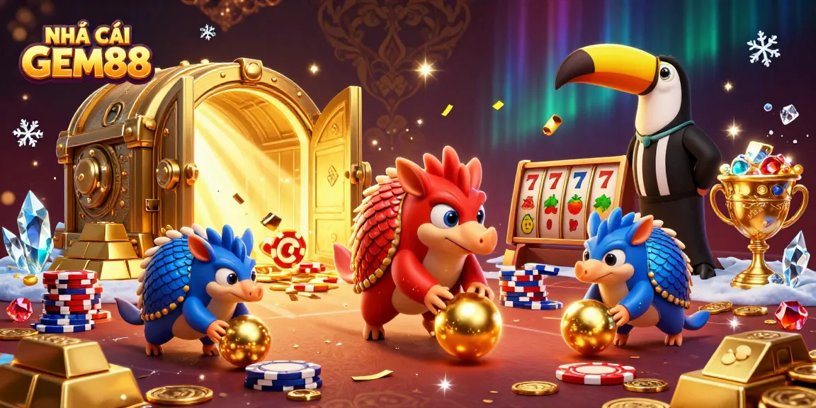 Engage with NHÀ CÁI GEM88 through animated pangolins bowling through poker chips in a vibrant casino scene