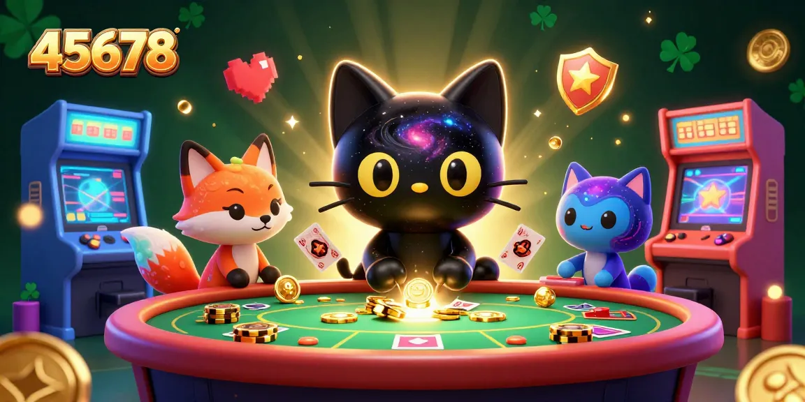 Engage with 45678's exciting cosmic casino experience featuring a black hole cat and nebula fox amidst glowing game elements.