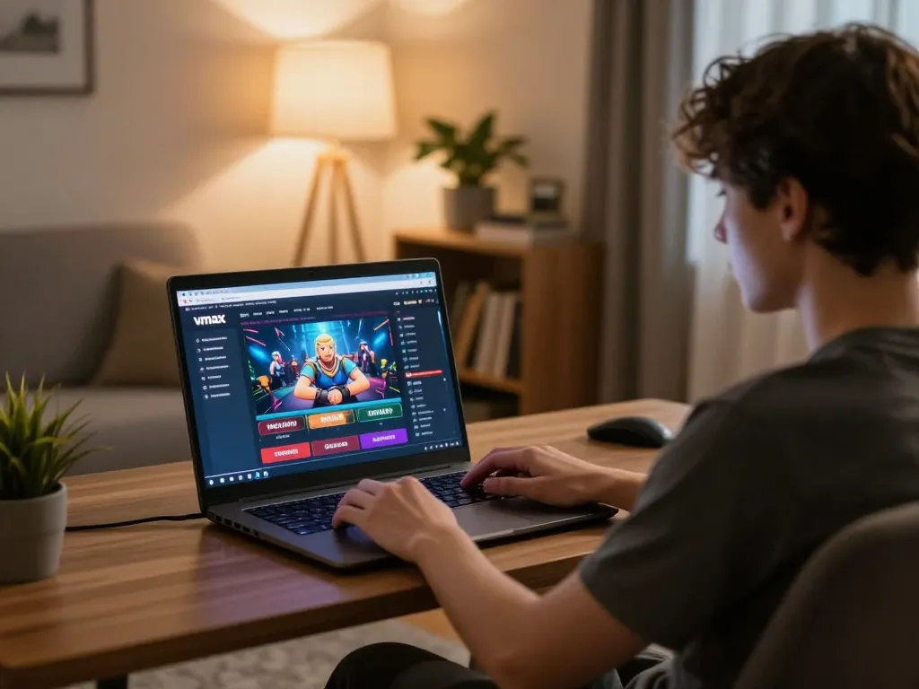 Person engaging in online gaming on Vmax trang chủ from a cozy living room