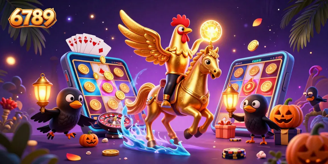 Experience the thrilling casino atmosphere of 6789 with a golden rooster and lively characters in action.
