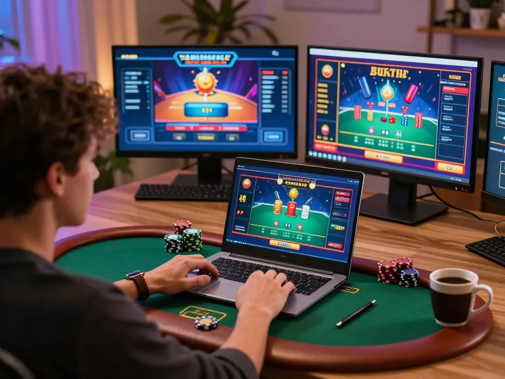Player engaging in poker online at home, showcasing CM88 interface on laptop