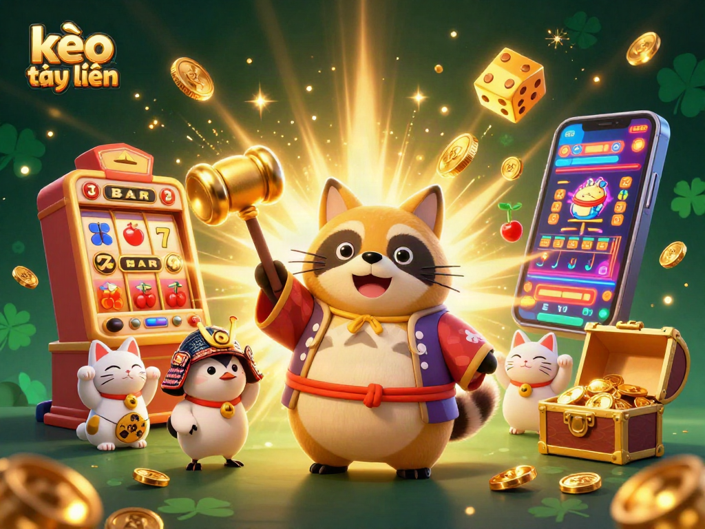 Engage with kèo trực tuyến through a vibrant 3D casino scene featuring a cheerful tanuki and dynamic gambling elements.