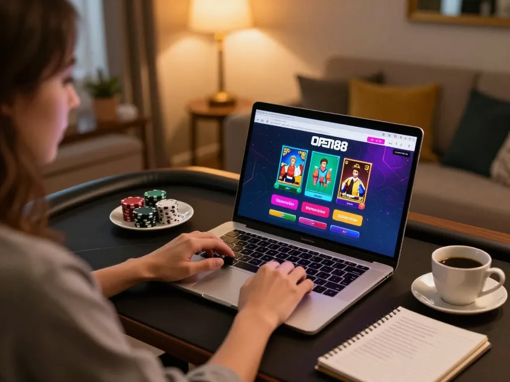 Engaged user playing poker on Open88 online casino platform at home with strategic notes.