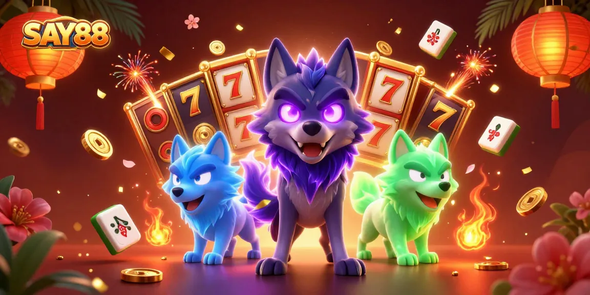 SAY88's vibrant casino scene featuring a spectral wolf pack leader amidst exciting slot games and rich decorative elements.