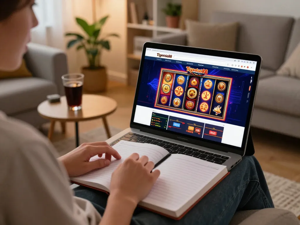 Engaging moment showing a user interacting with the tigerasia88 site on a tablet, while strategizing for online slots in a cozy home setup.