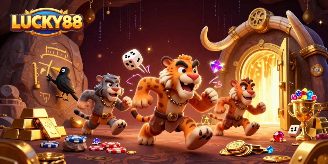 Engage with the thrilling LUCKY88 slot world, featuring cartoon cavemen and treasures.