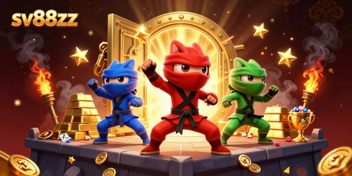 Synchronized ninja chameleons amidst golden treasures and jewels capture sv88zz excitement in casino gaming.