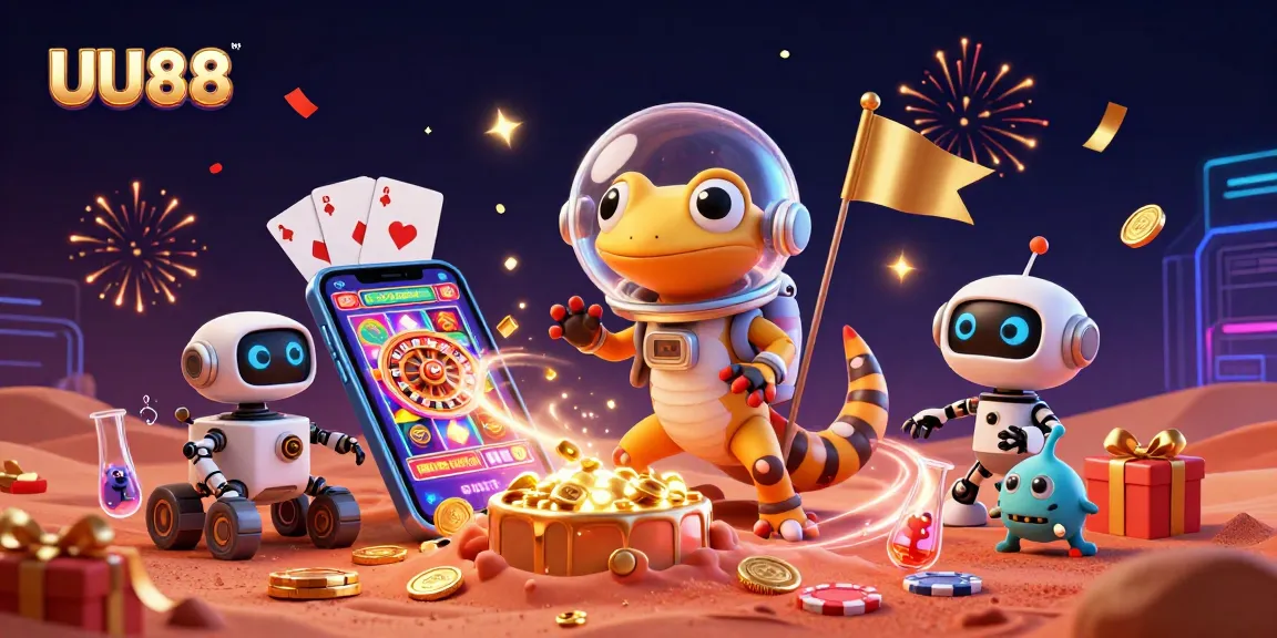 Experience excitement with UU88 as a Martian gecko explores a golden casino in a vibrant 3D illustration.