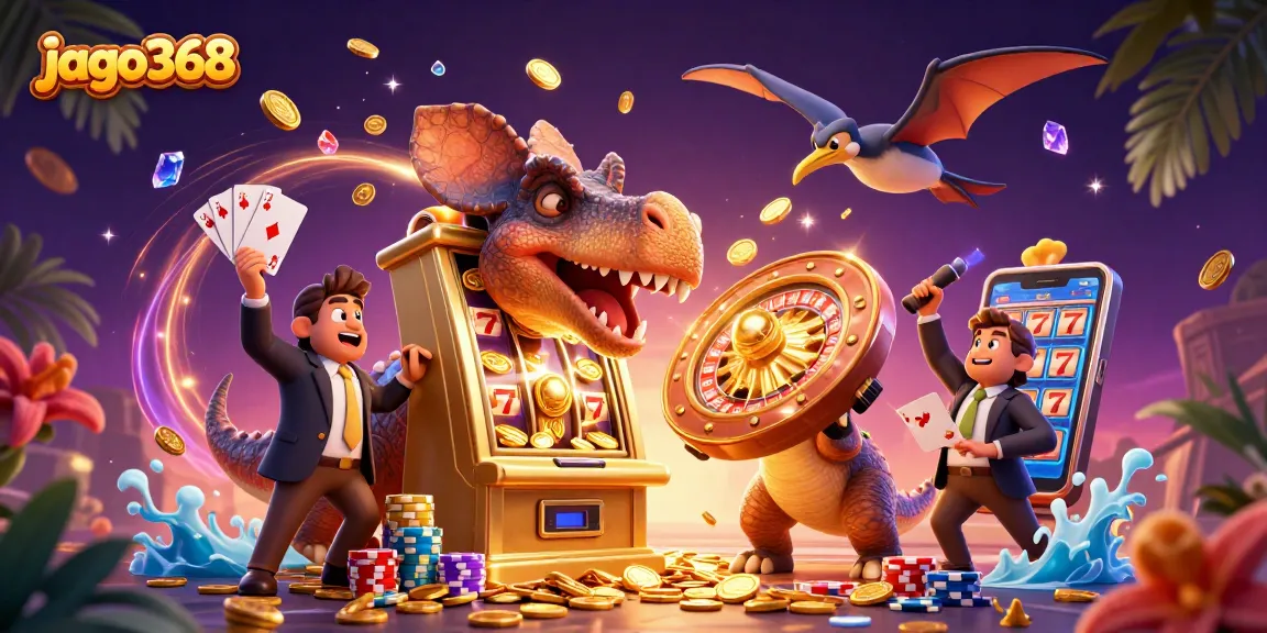 Experience jackpot excitement with jago368 in vibrant 3D featuring a pachycephalosaurus and golden coins.