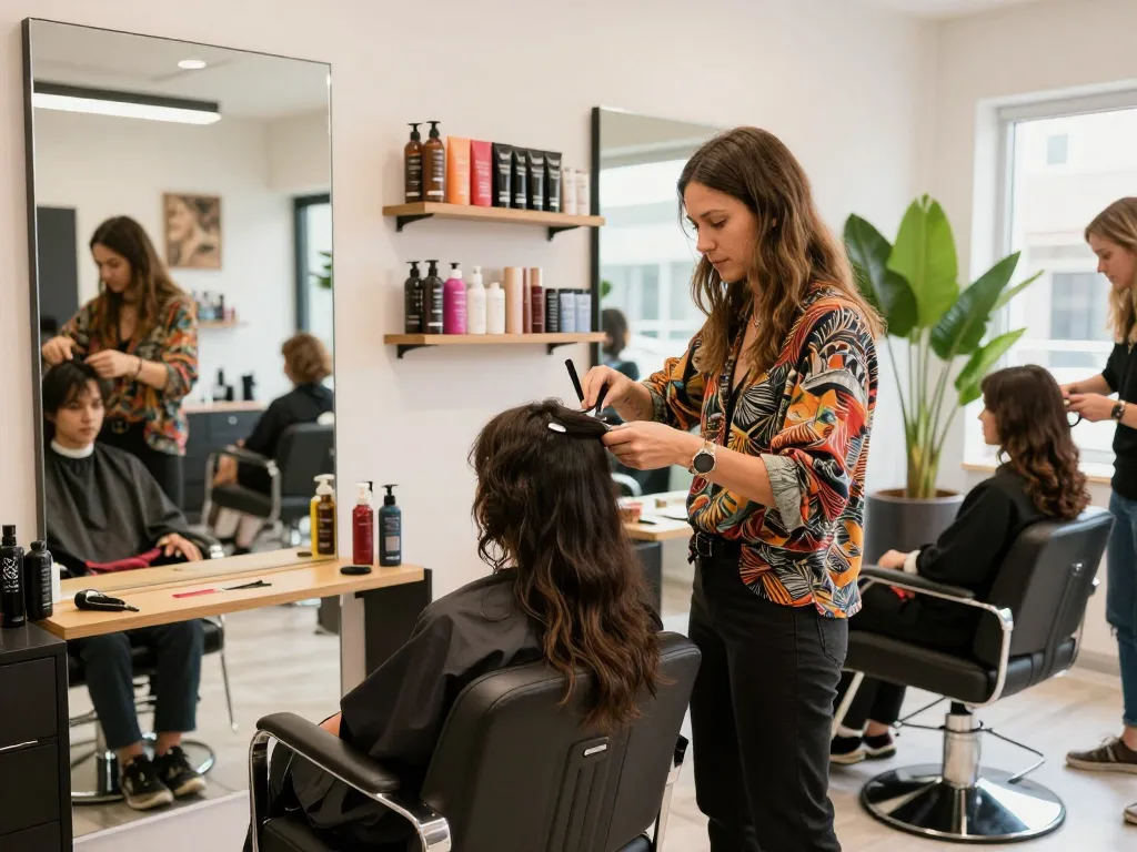 bästa frisör salongscen med stylist som klipper hår i en modern, inbjudande miljö
