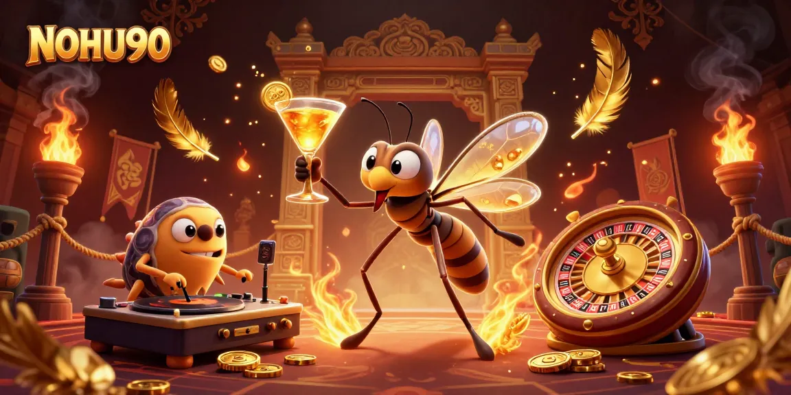 Engage with NOHU90 through vibrant 3D casino characters amid dramatic gambling elements.