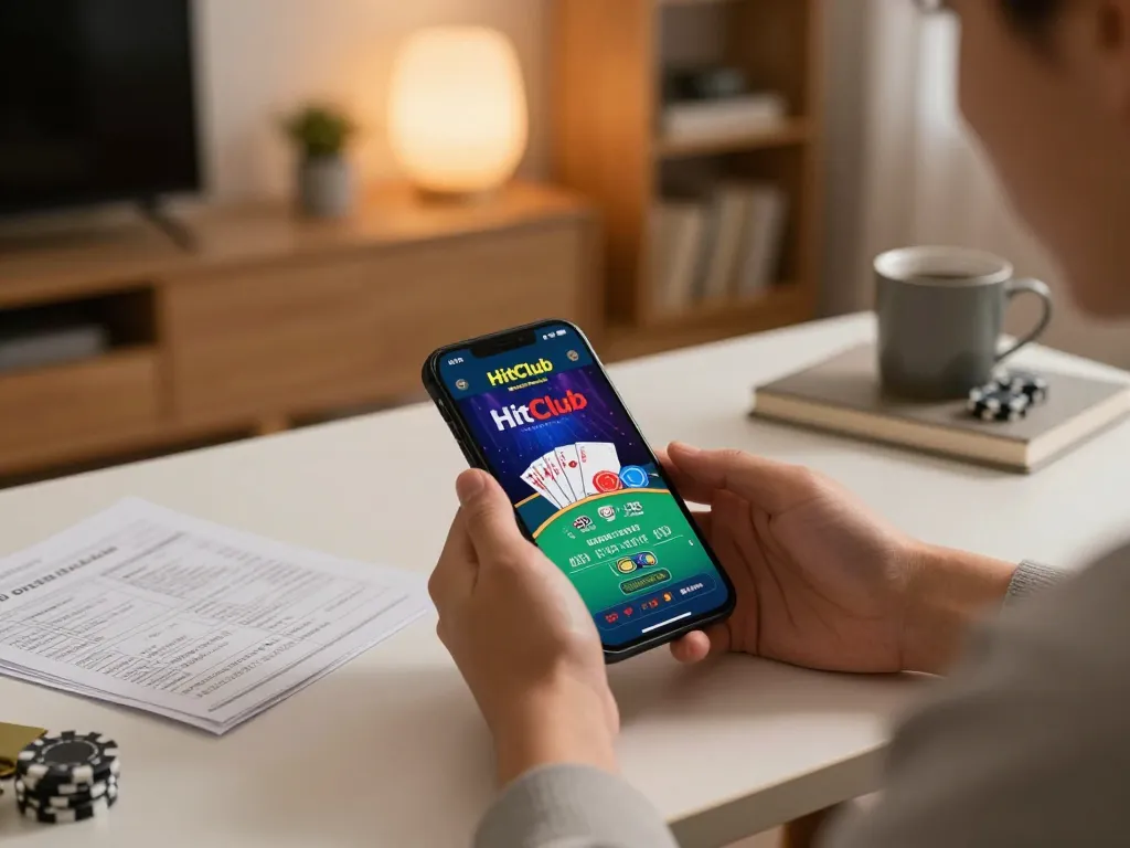Player using Hitclub app on smartphone for online gambling with strategic notes nearby