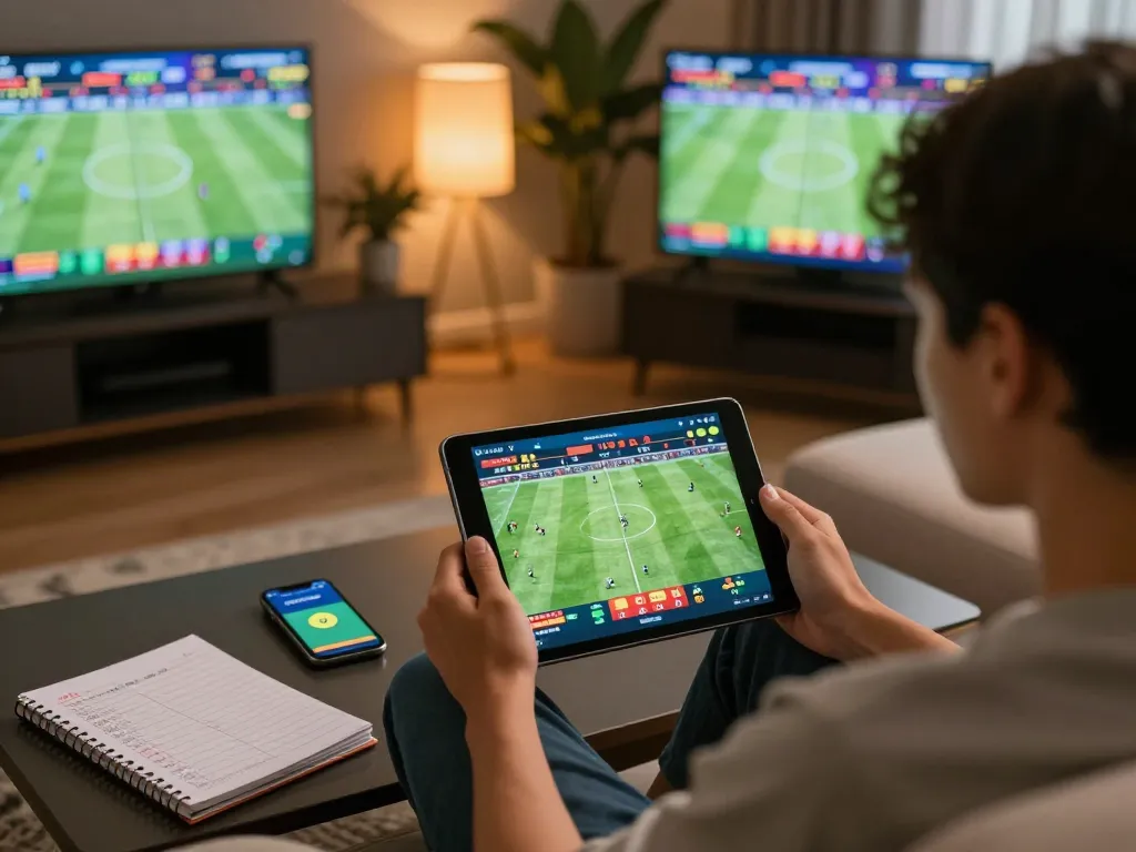VA88 sports betting enthusiast placing bets on tablet during live match action.