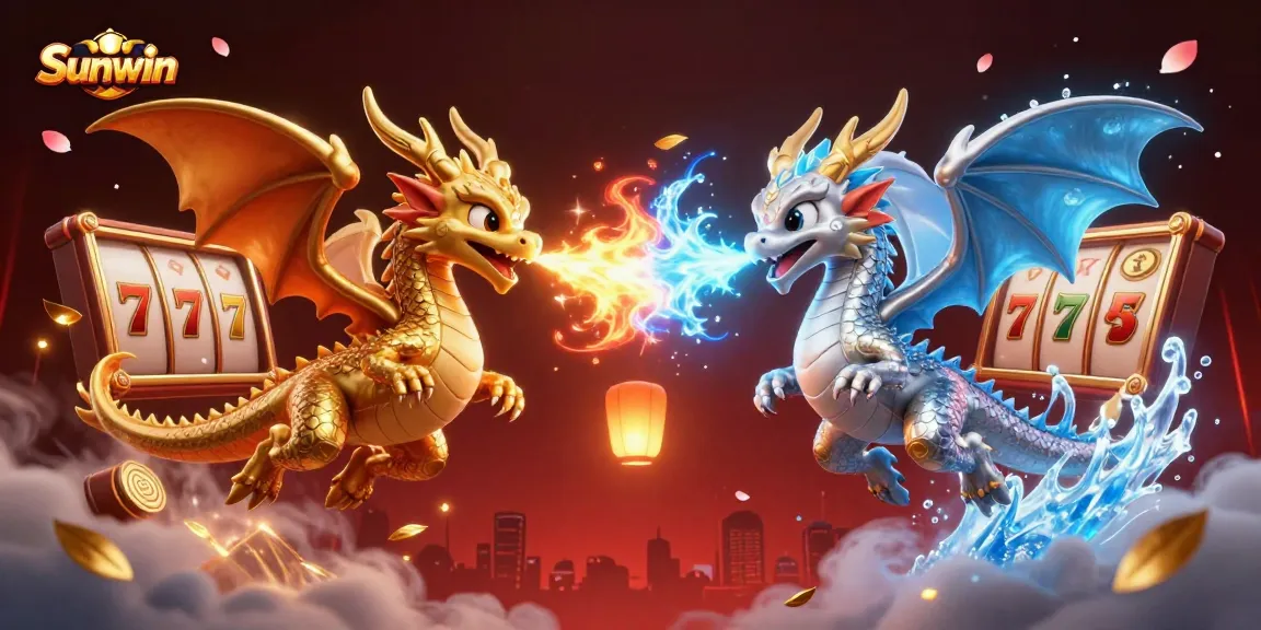 Engage with Sunwin's captivating 3D illustration showcasing dynamic dragons and vibrant slot elements.