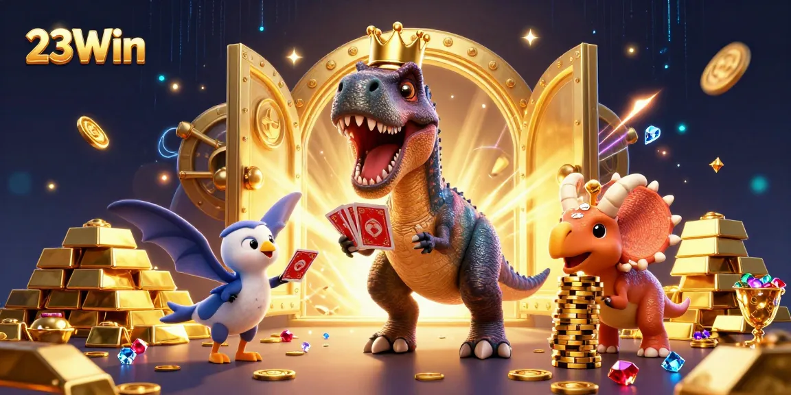Experience the excitement of 23Win with a dynamic cartoon illustration of a T-Rex, pterodactyl, and triceratops in a lavish casino.