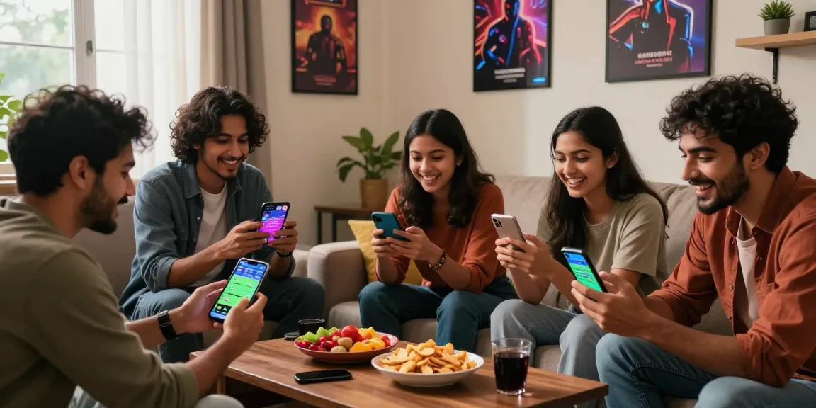 ভাইবের্ড স্ন্যাকস এবং স্মার্টফোনসহ একটি আরামদায়ক সোফায় বন্ধুদের নিয়ে বসে বেটিং অ্যাপ ব্যবহার করা দেখাচ্ছে https://www.bdtjl.app/