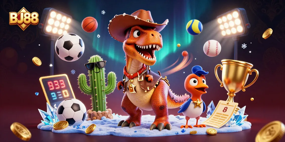 Play your winning hand at BJ88 with a lively 3D scene highlighting fun sports betting elements.