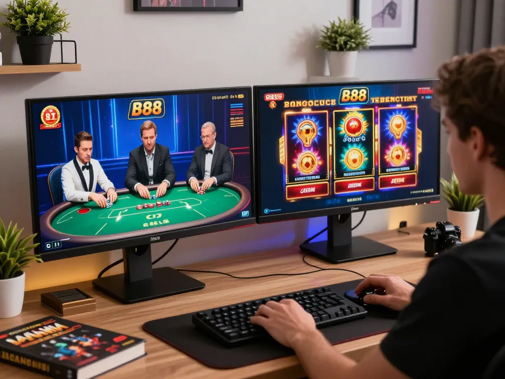 fun88 online gaming setup showing engaging poker game on dual monitors in a stylish, focused workspace.