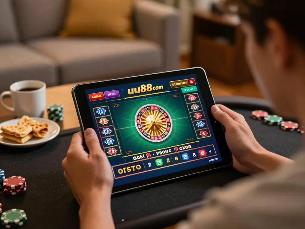 Engaged player using uu88 com tablet for online roulette game in a cozy home setting
