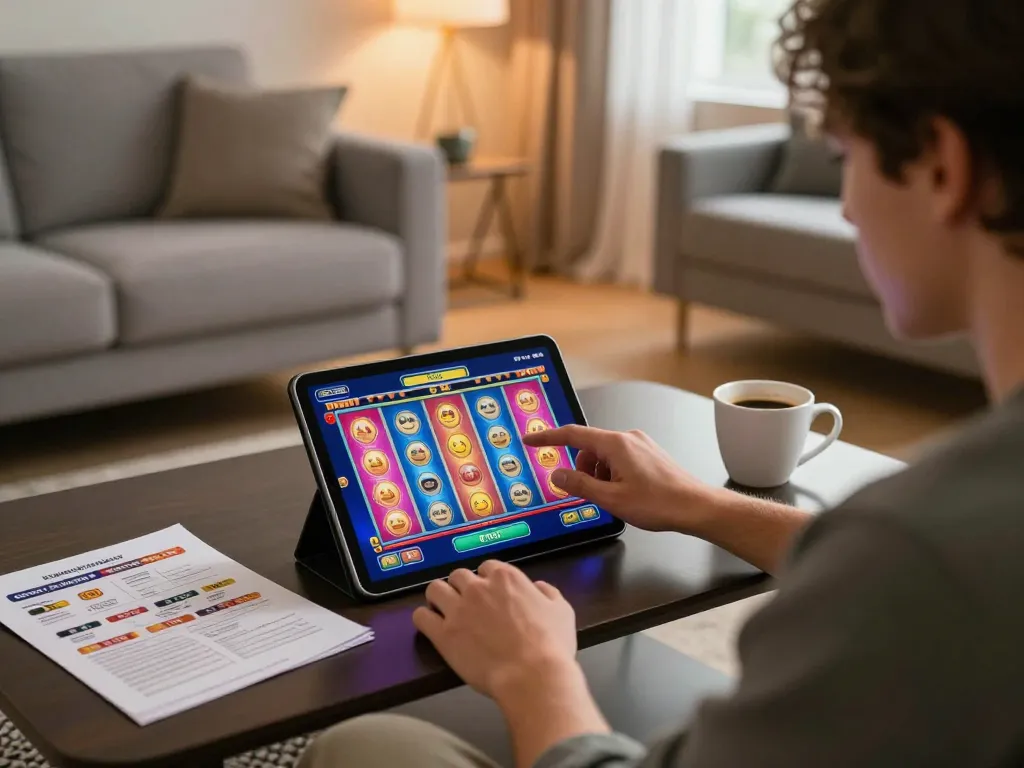 Kuwin player enjoying online casino games on a tablet in a cozy setting