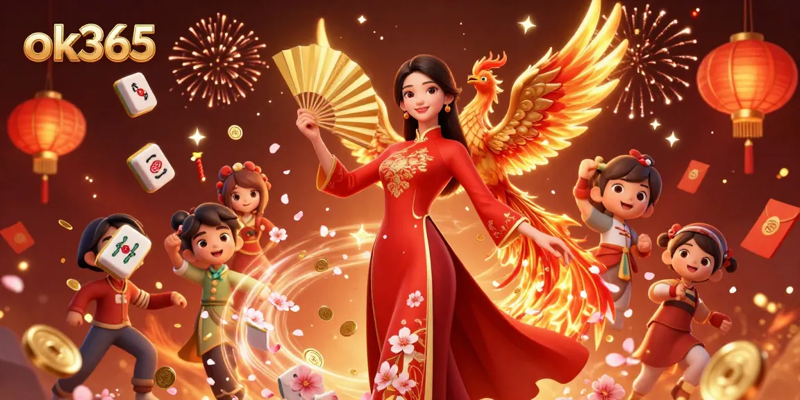 Experience excitement with ok365's vibrant casino scene featuring a graceful woman, phoenix, and magical elements.