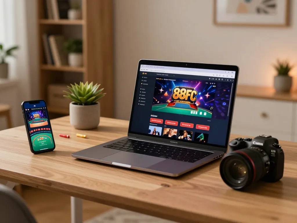 Engaged player enjoying online gaming on 88fc casino platform with laptop and smartphone in cozy home office