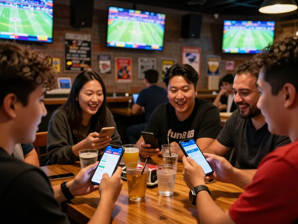 Dynamic sports betting with friends using fun88 app in a lively sports bar atmosphere