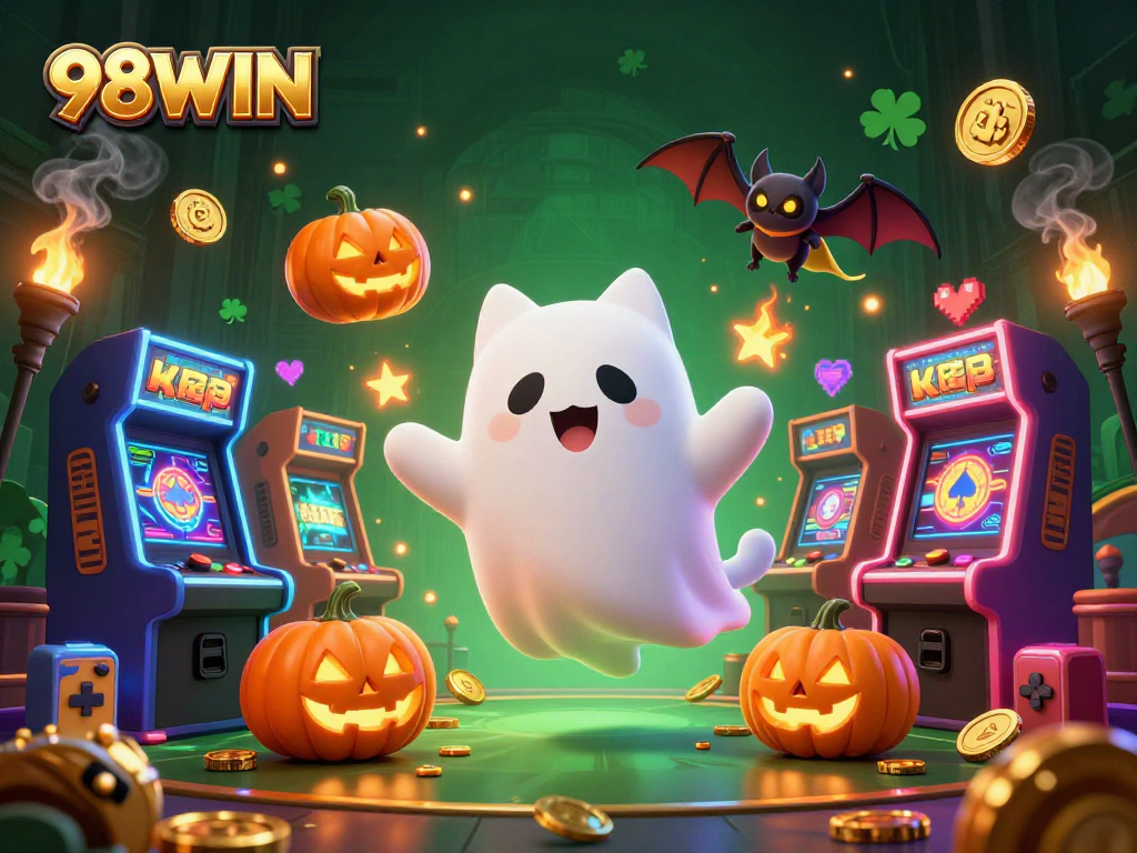 Engage with the thrilling world of 98WIN in a haunted casino, showcasing vibrant gaming elements.