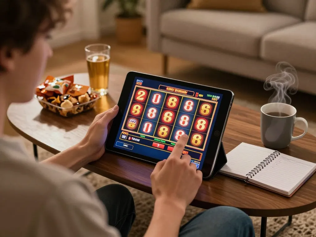 Engaging in thrilling gameplay on 98win, a player spins reels on a tablet with excitement.