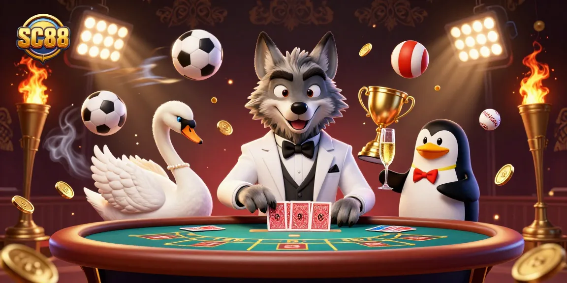Join the excitement at SC88 with a vibrant casino-themed 3D scene showcasing spirited card games.