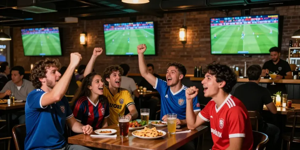 Fans cheering in a sports bar while watching live matches on multiple screens, showcasing thapcamtv.ac experience.