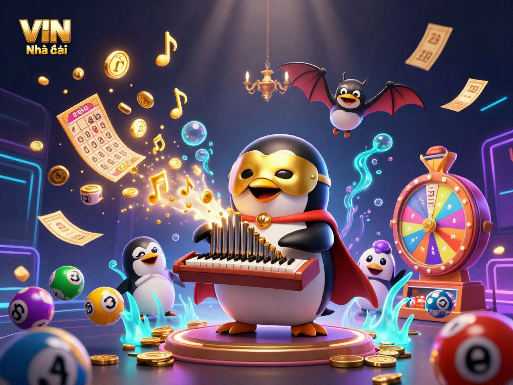 Experience excitement at VIN Nhà cái with vibrant lottery elements and a theatrical penguin organist.