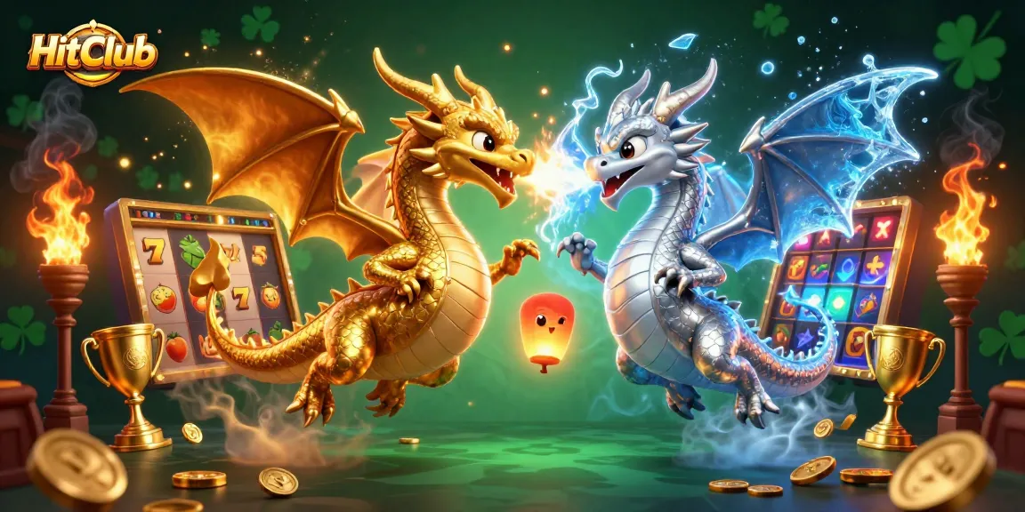 Experience thrilling gameplay at HitClub, featuring a dynamic scene with gold and silver dragons inspired by a casino atmosphere.